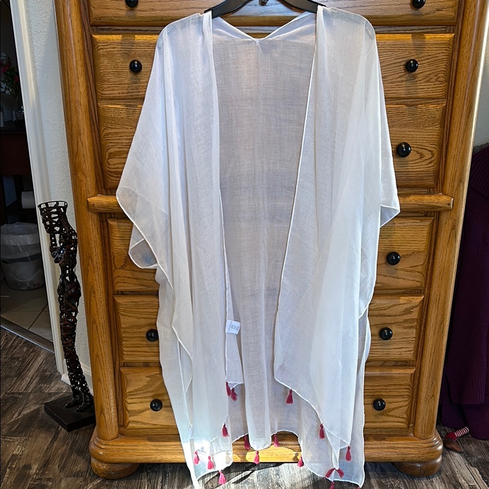White Sheer Kimono with Red Tassels